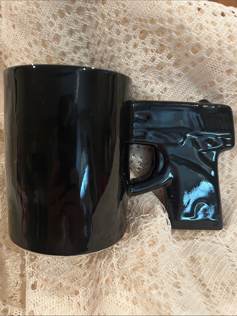 Glossy Black Ceramic Mug with Gun-Shaped Handle